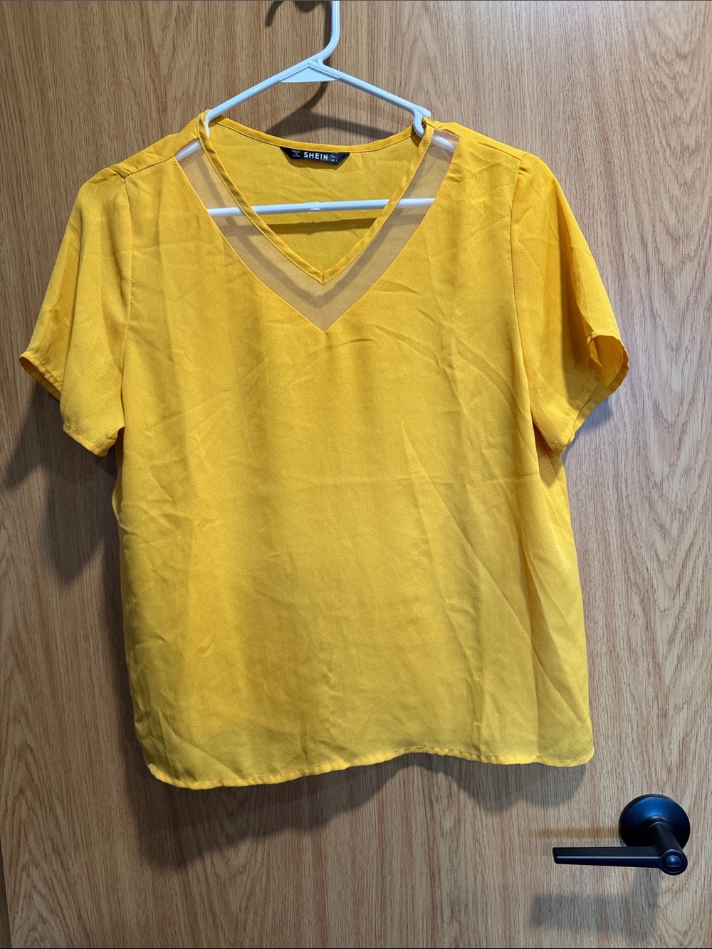 SHEIN Yellow V-Neck Short Sleeve Blouse with Sheer Trim